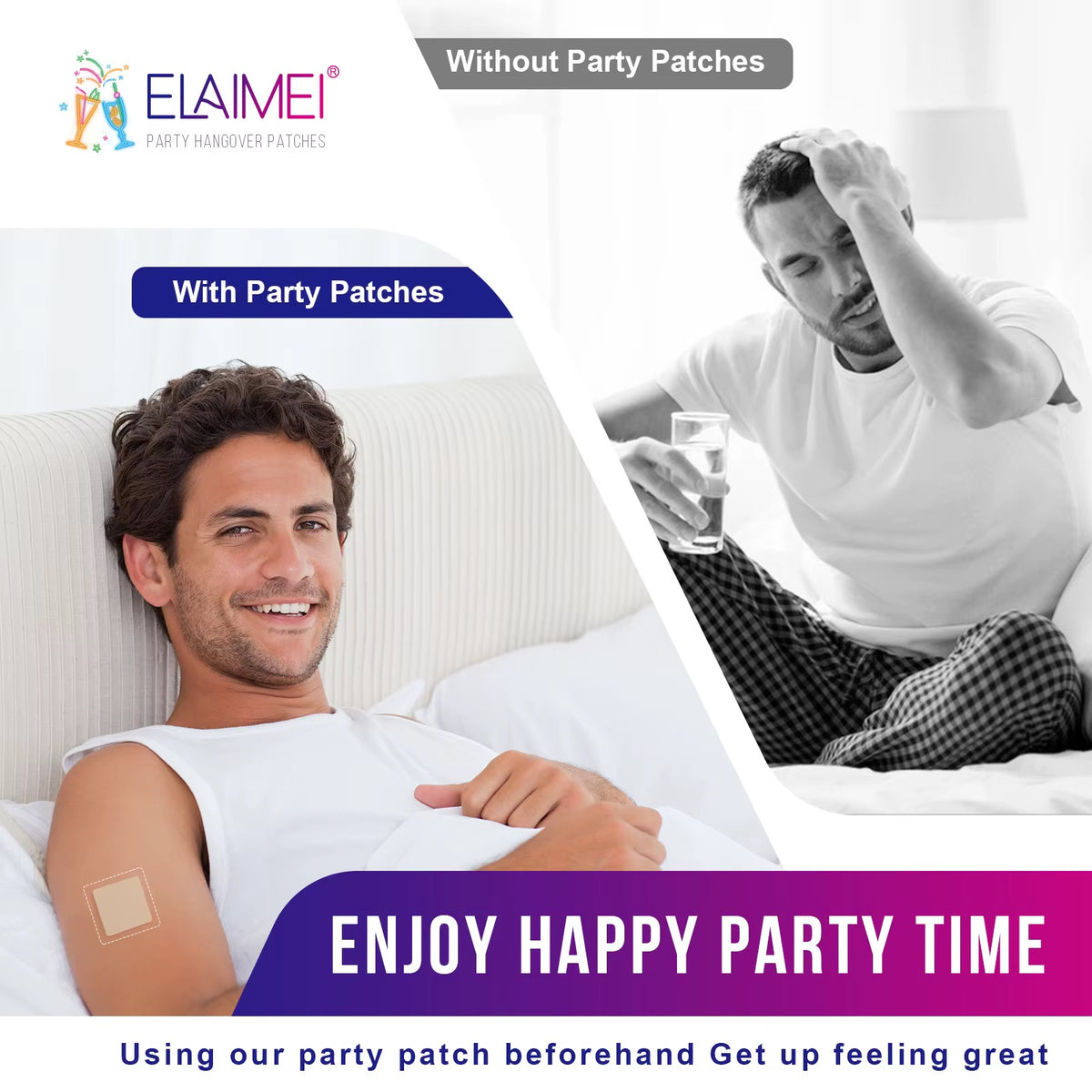 Promotional graphic for ELAMEI party hangover patches, showing two men in bed with and without a patch applied on their arm. Text reads 'Without Party Patches,' 'With Party Patches,' and 'ENJOY HAPPY PARTY TIME.