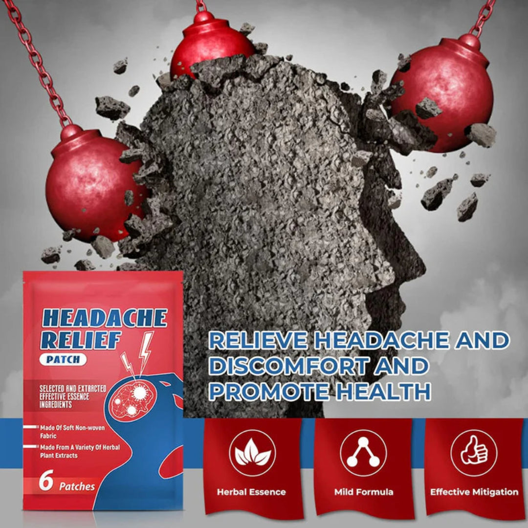Headache relief patch packaging with a graphic of a head and bombs, emphasizing headache relief.