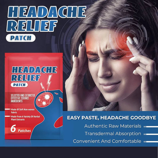 Headache relief patch packaging with a woman experiencing a headache.