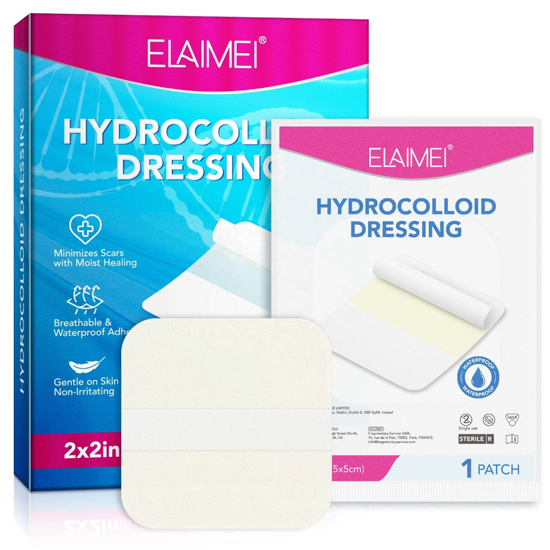 Elaimei hydrocolloid dressing packaging with a patch displayed on a white background