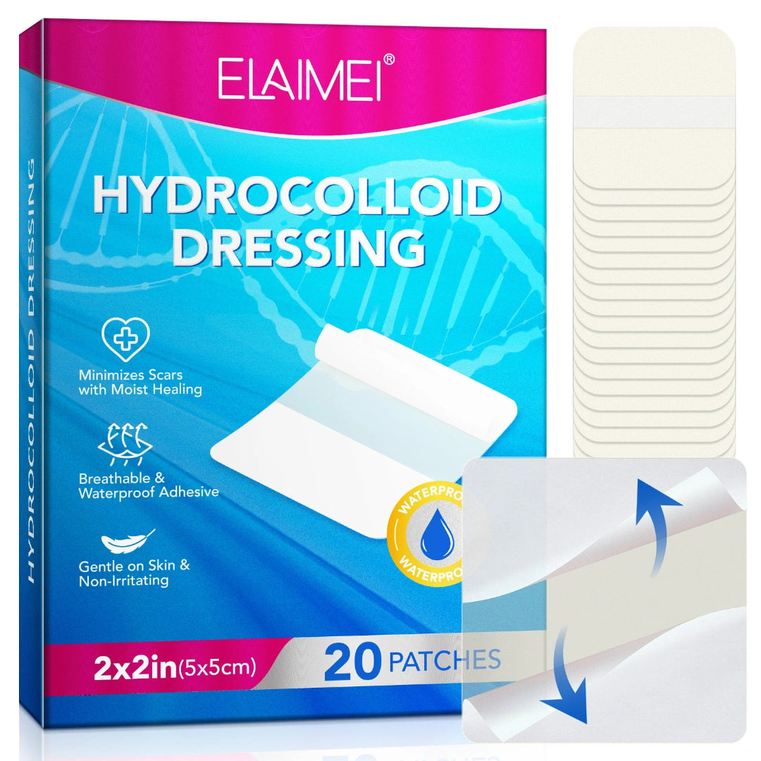 Elaimi hydrocolloid dressing packaging with patches displayed on a white background