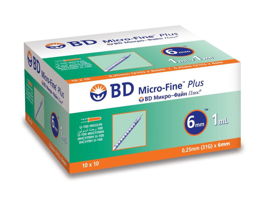 Box of BD Micro-Fine Plus insulin pens on a white background