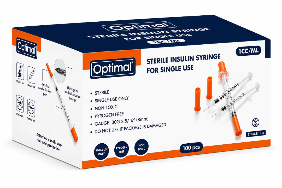A box of Optimal brand sterile insulin syringe needles for single use, 100 pieces, with three loose syringes shown on the front of the packaging.