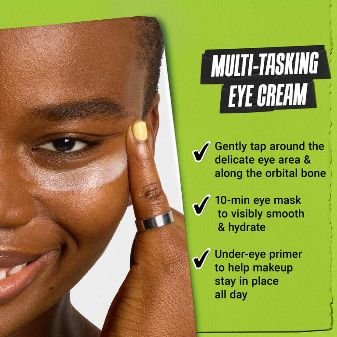 Advertisement for multi-tasking eye cream with a woman applying cream to her eye area.
