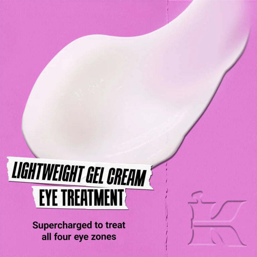 Lightweight gel cream eye treatment on a pink background with Kiehl's logo.