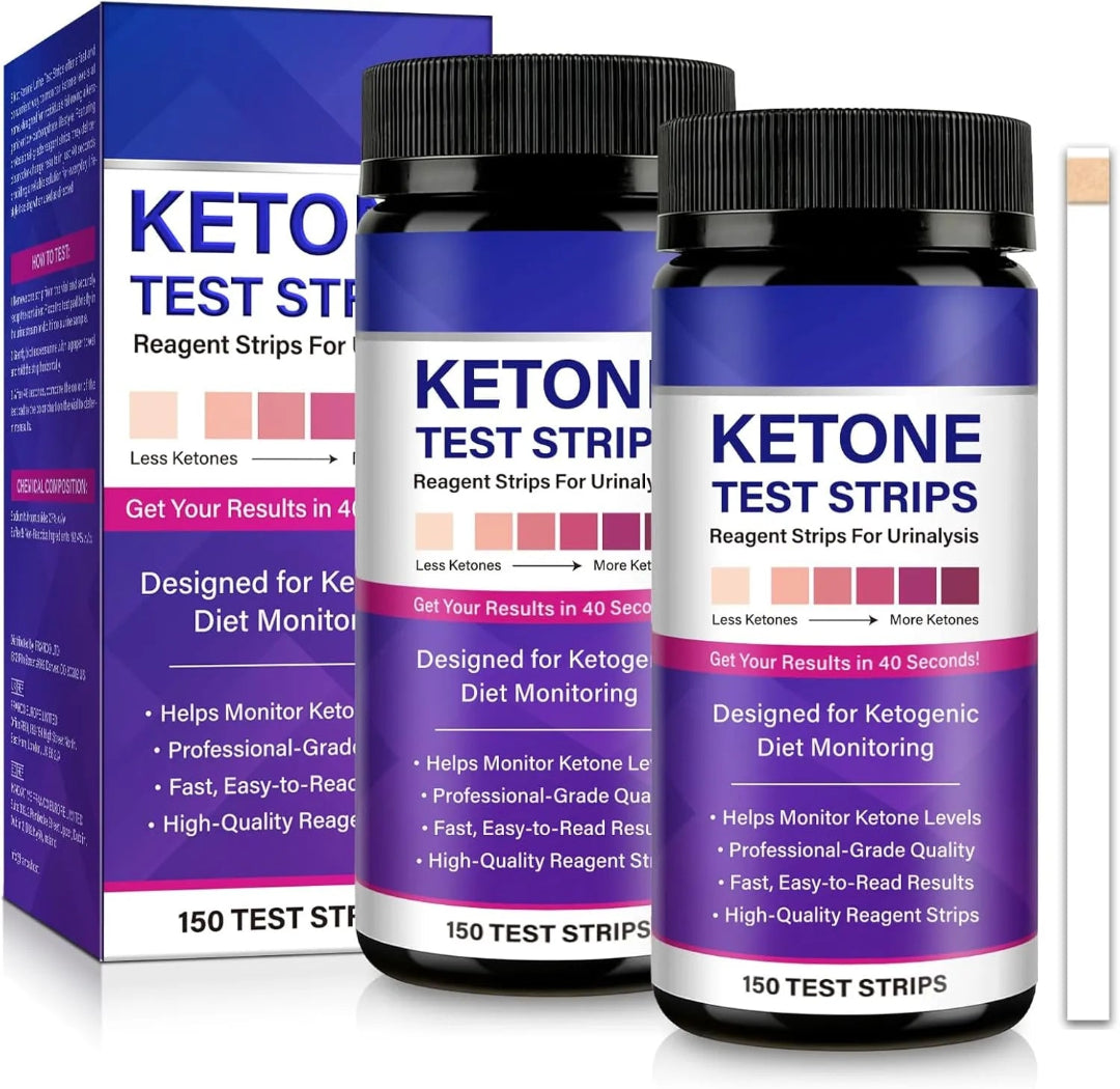 Ketone test strips packaging with bottles and box on a white background