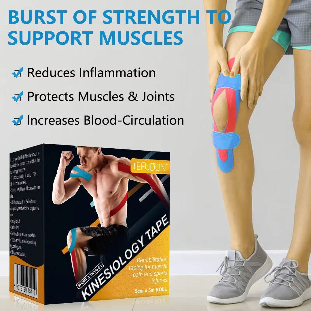 Kinesiology tape packaging with a person wearing it on their knee, against a plain background.