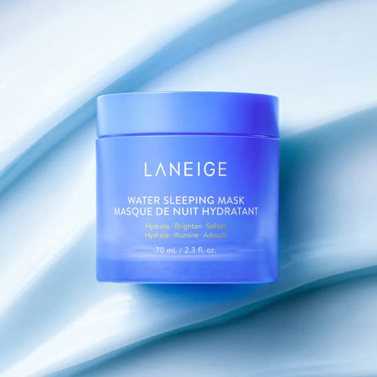 Laneige water sleeping mask jar on a blue gradient background