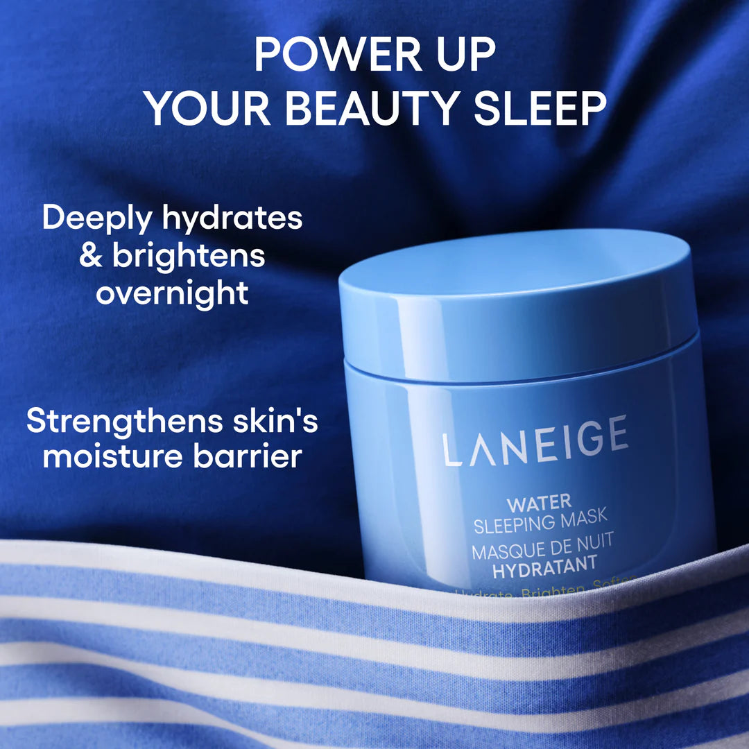 Laneige water sleeping mask jar with blue fabric background