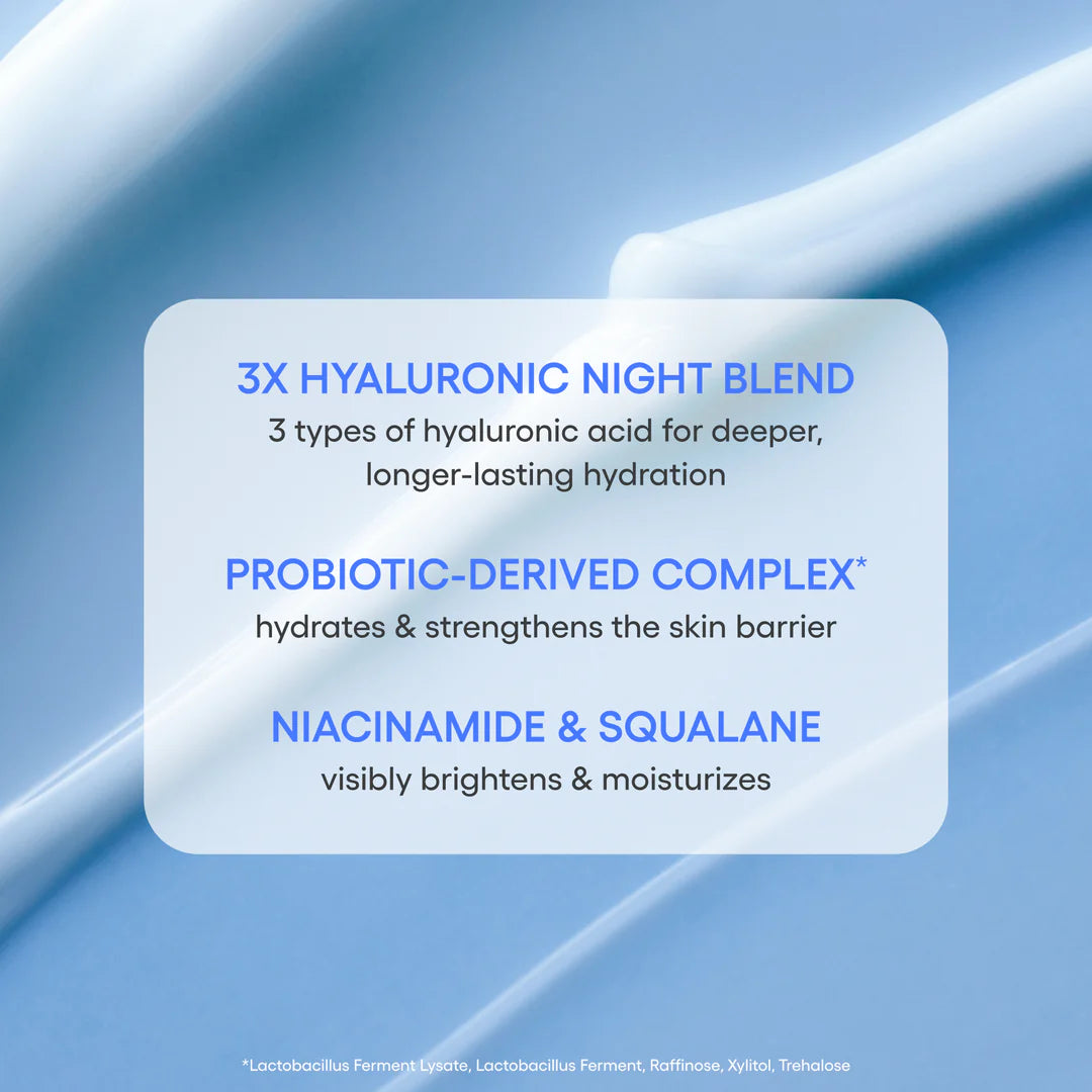 Product label for '3X Hyaluronic Night Blend' with text on a blue background