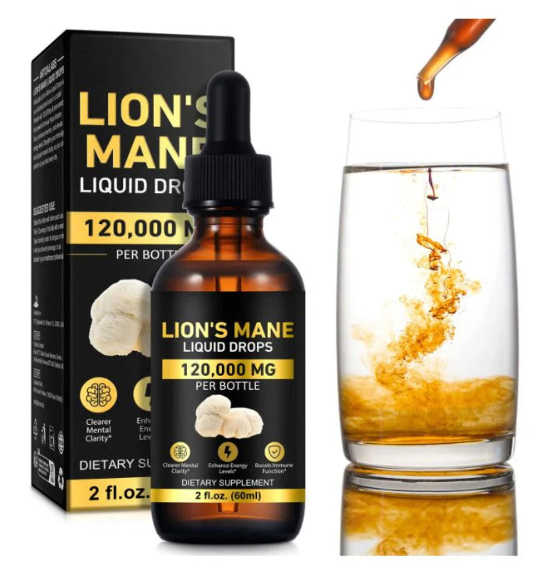 Lion's Mane liquid drops with a glass of liquid being poured into it.