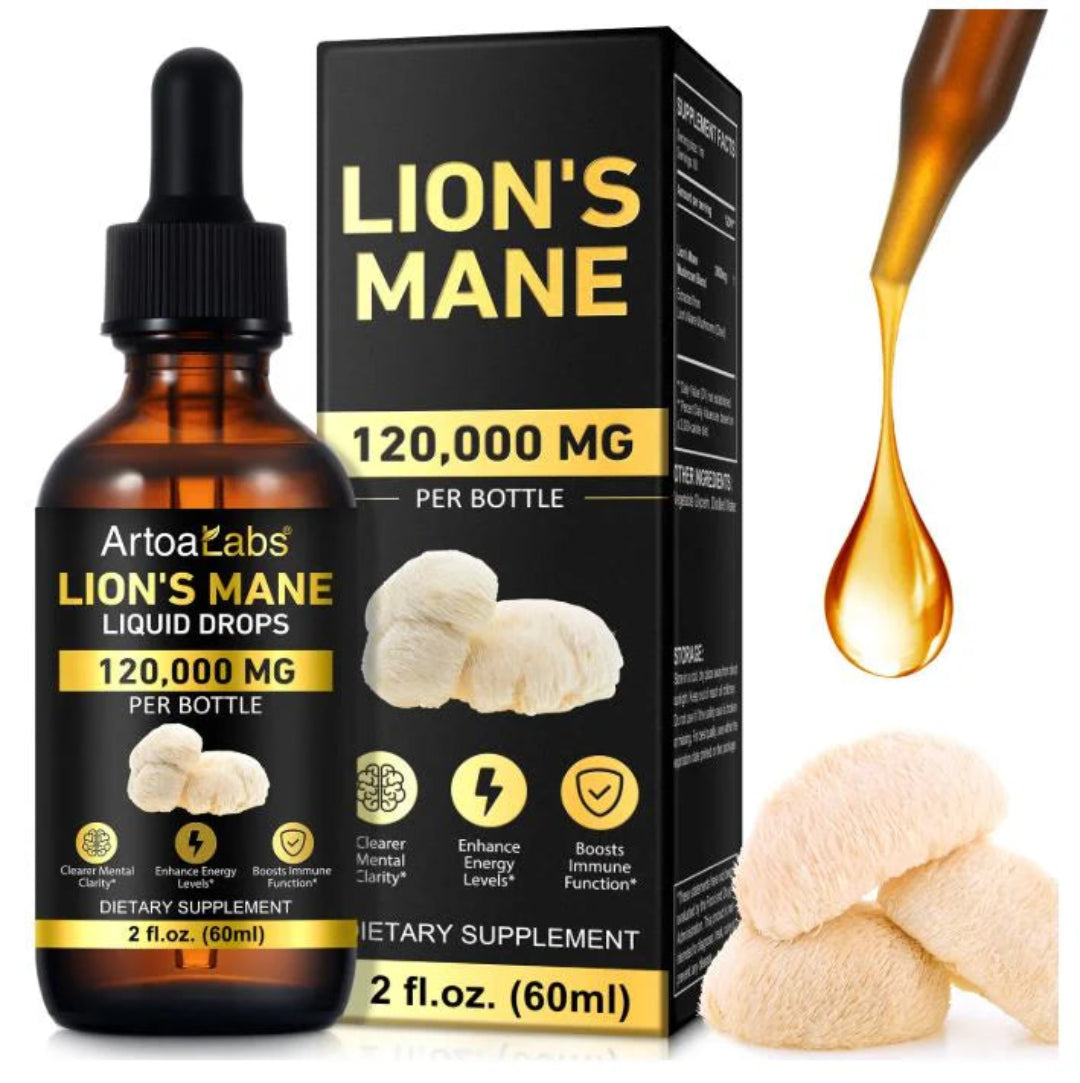 ArtoaLabs Lion's Mane liquid drops with packaging and dropper on a white background