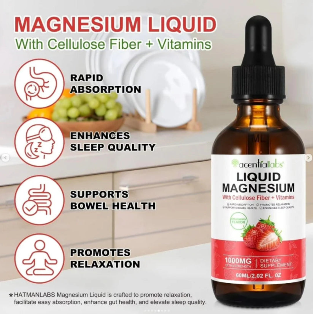 Bottle of Liquid Magnesium with dropper on a kitchen counter, featuring product benefits.