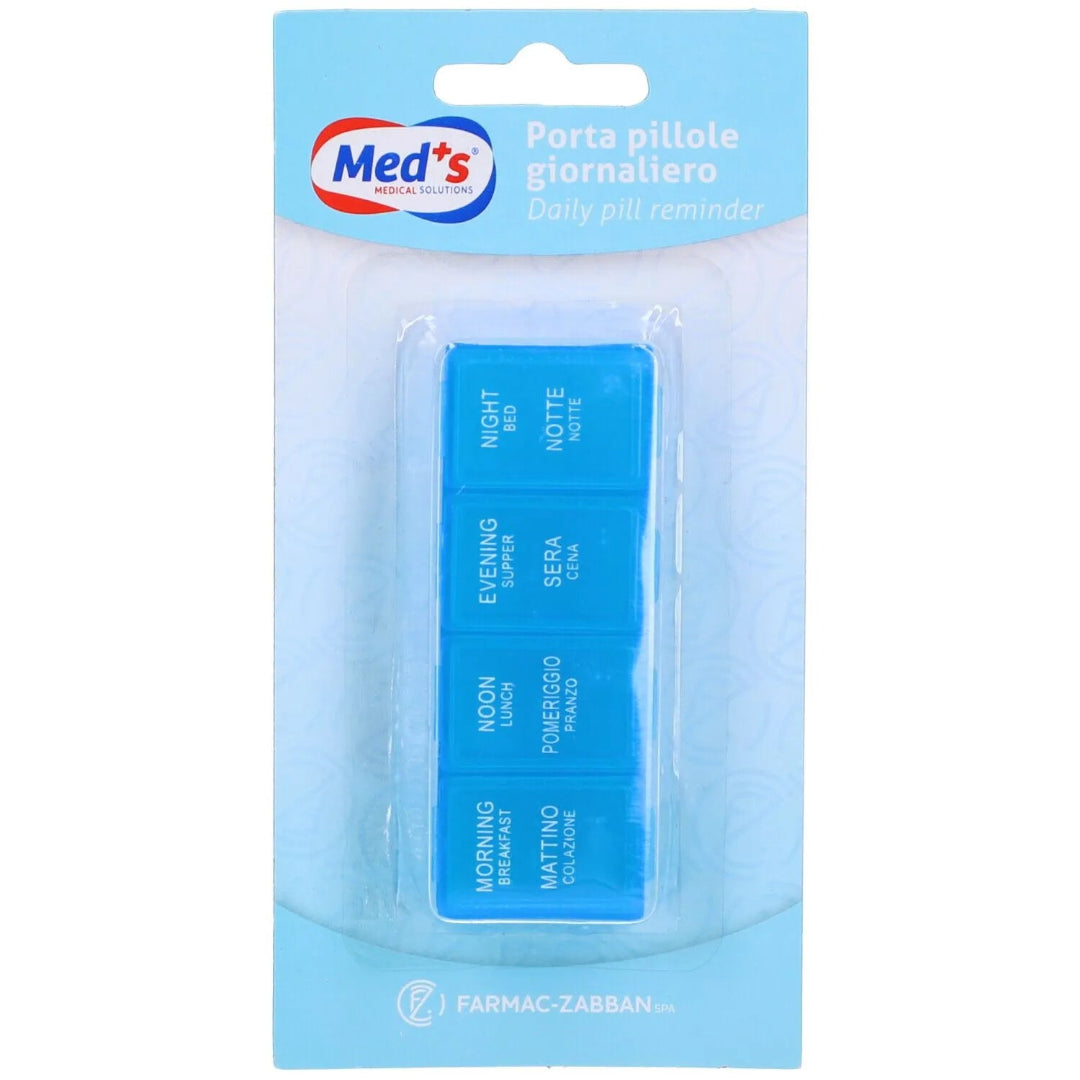 Blue pill organizer with 'Med's' branding on a light blue background