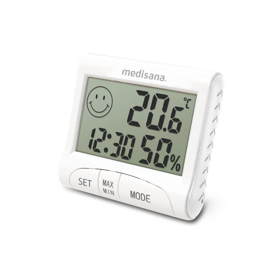Digital thermometer with humidity and temperature display on a white background