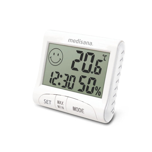 Digital thermometer with humidity and temperature display on a white background