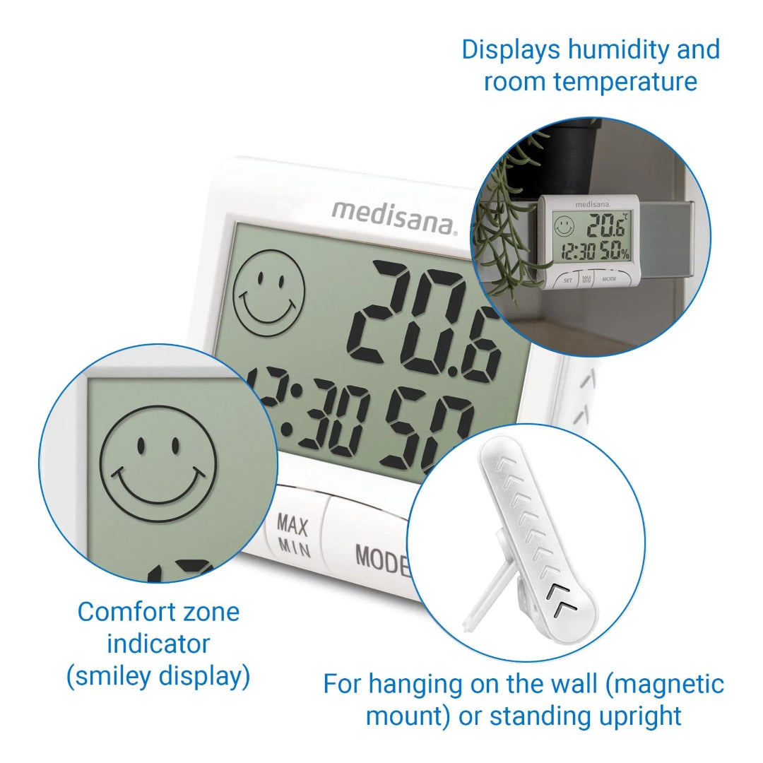 Digital thermometer with humidity and temperature display, featuring a smiley face indicator and magnetic mount.
