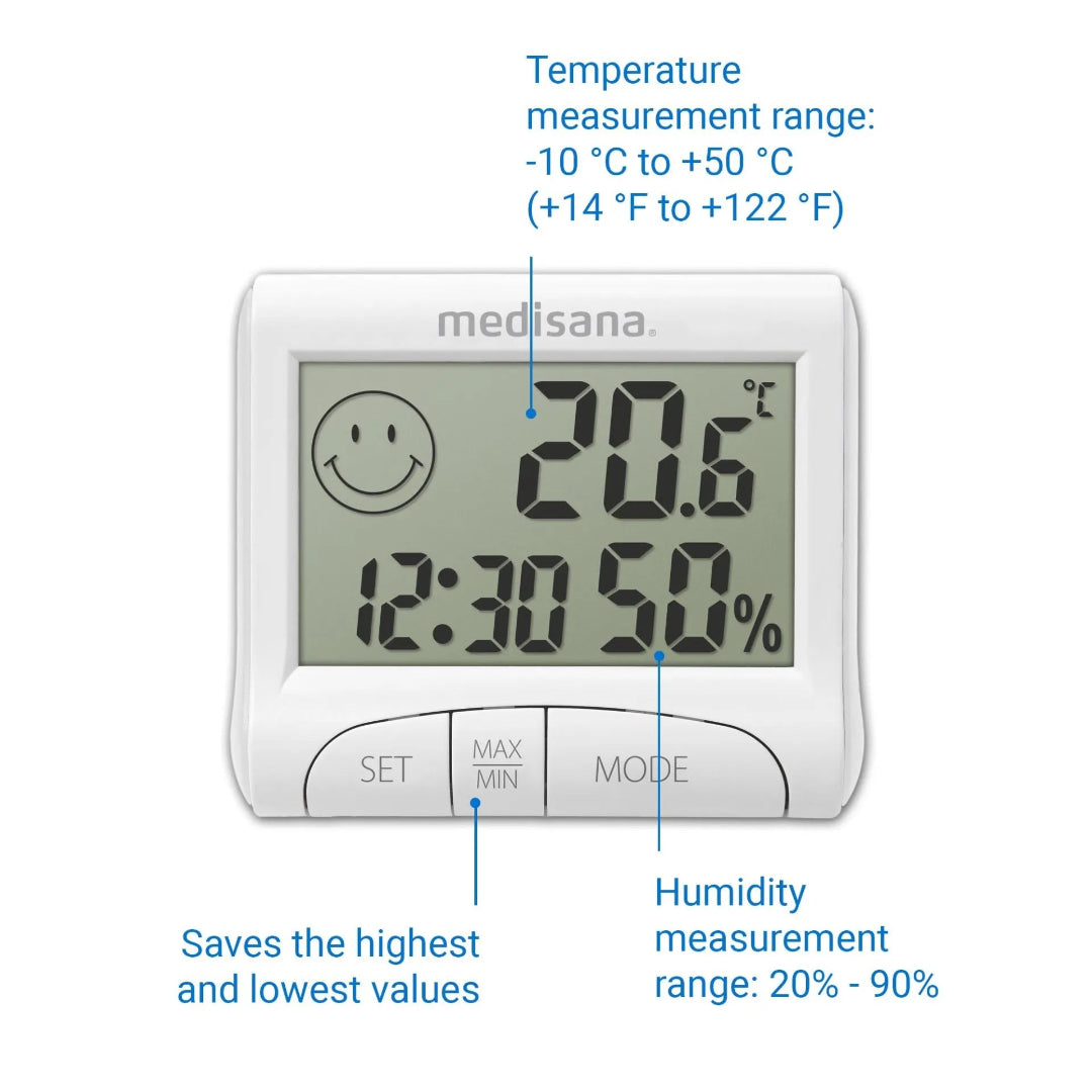 Digital thermometer with temperature and humidity display on a white background
