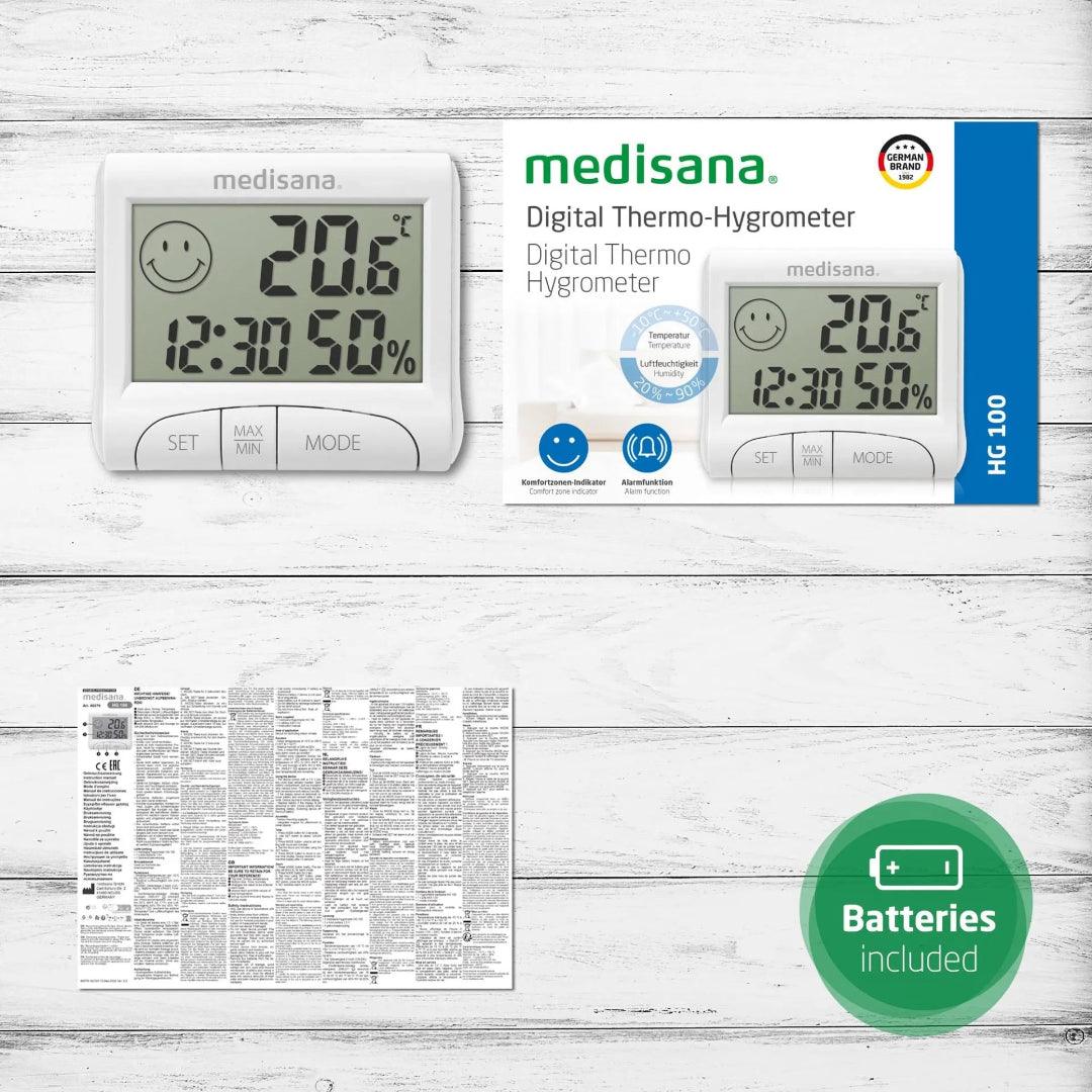 Medisana digital thermo-hygrometer with packaging on a wooden surface