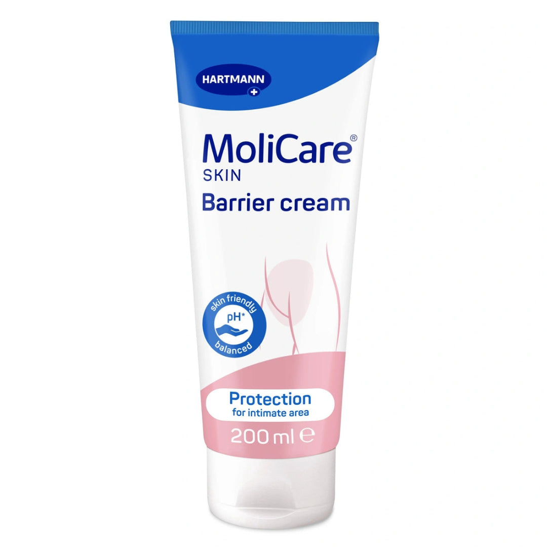Tube of MoliCare Skin Barrier cream with blue and white label on a white background