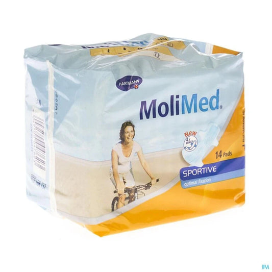 Pack of MoliMed Sportive pads with a woman riding a bike on the packaging.