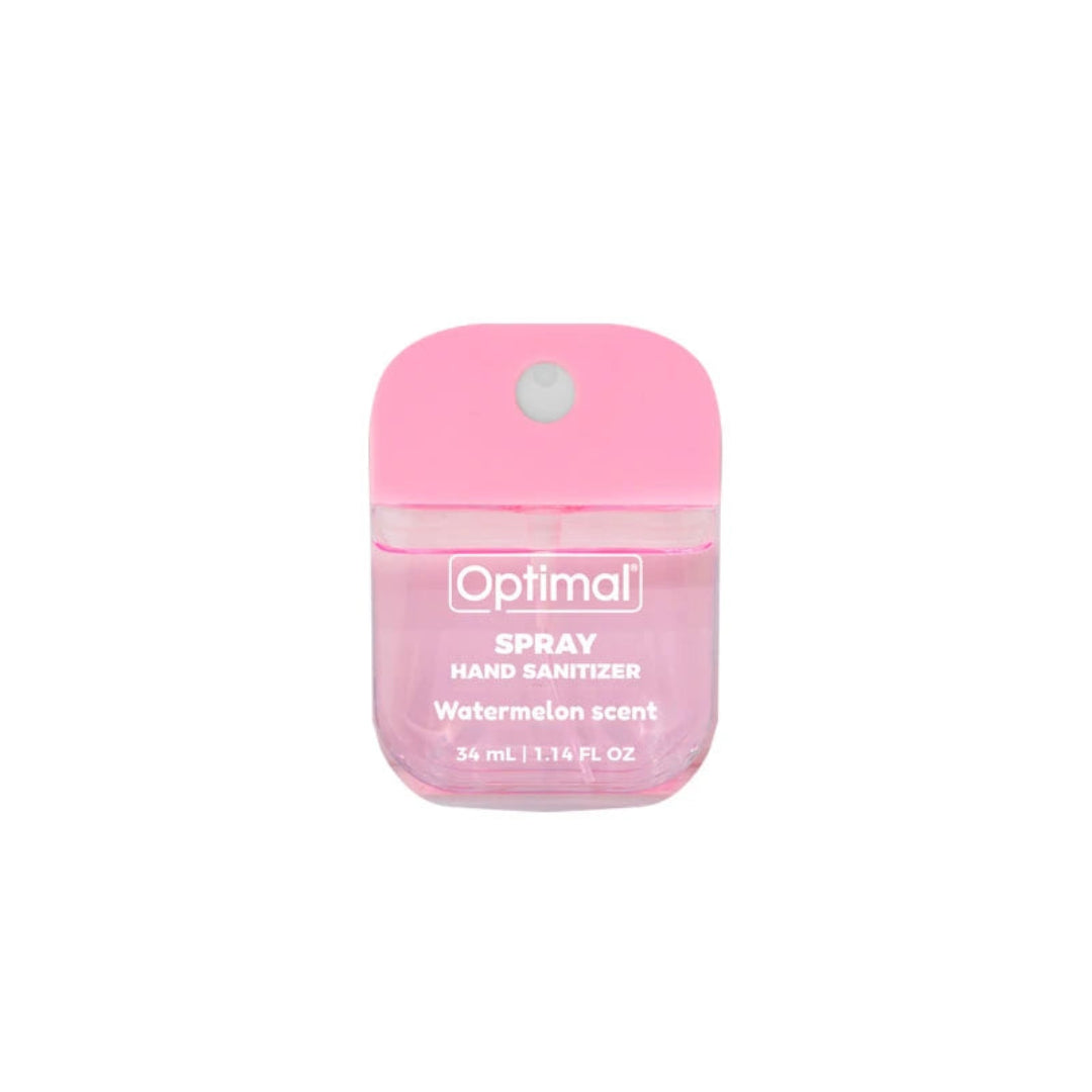 Pink spray hand sanitizer with 'Optimal' branding on a white background