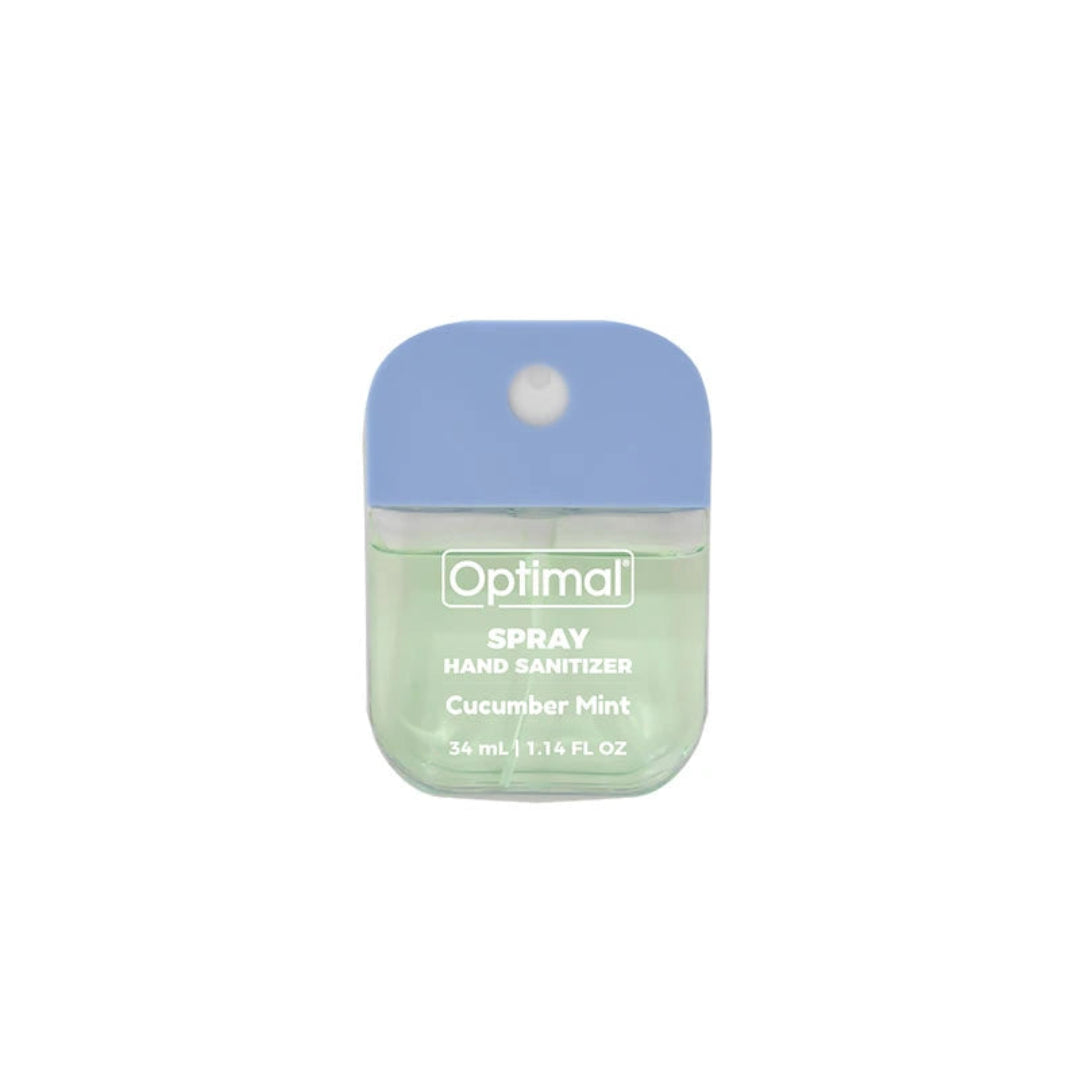 Hand sanitizer spray bottle with blue cap and green body on a white background