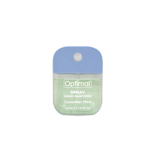 Hand sanitizer spray bottle with blue cap and green body on a white background