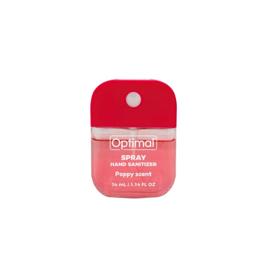 A 36 mL hand sanitizer spray bottle by Optimal, featuring a translucent pink liquid and a bright red cap, labeled 'Poppy scent'.