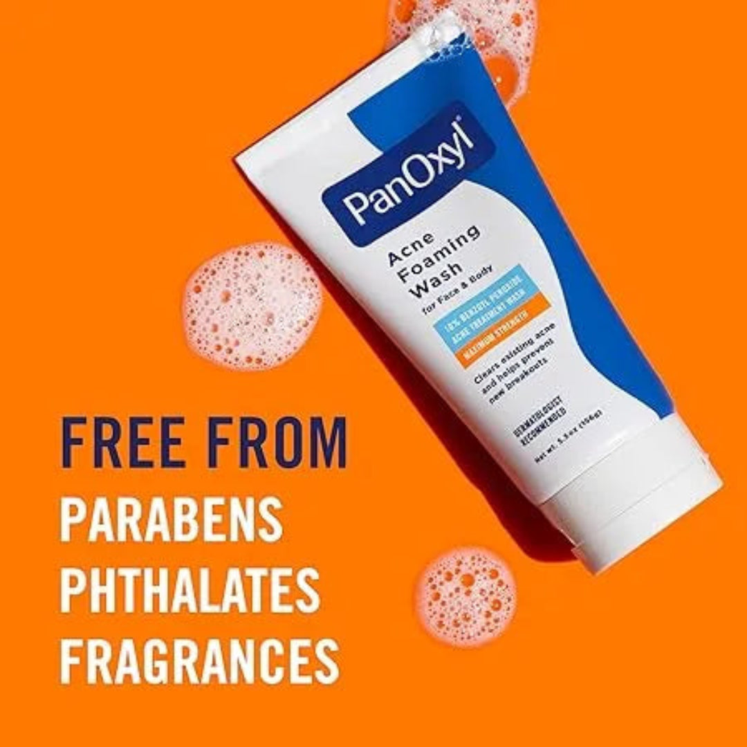 PanOxyl Acne Foaming Wash tube on an orange background with text about ingredient free status.