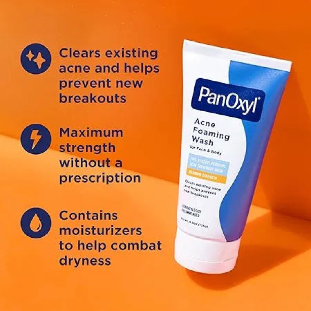 PanOxyl acne foaming wash tube on an orange background with product benefits listed.