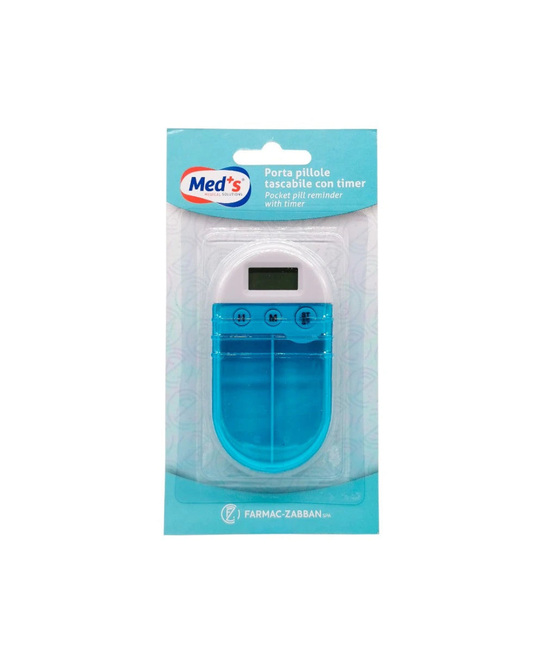 Med's pill organizer with timer in packaging on a white background
