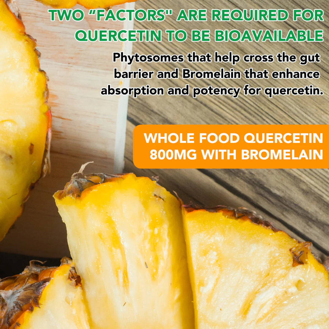 Sliced pineapple with text about quercetin bioavailability and supplement information on a wooden background.