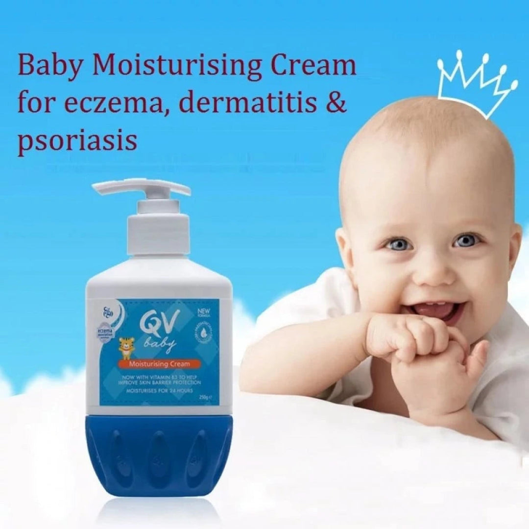 Baby moisturising cream for eczema, dermatitis, and psoriasis with a baby and blue background