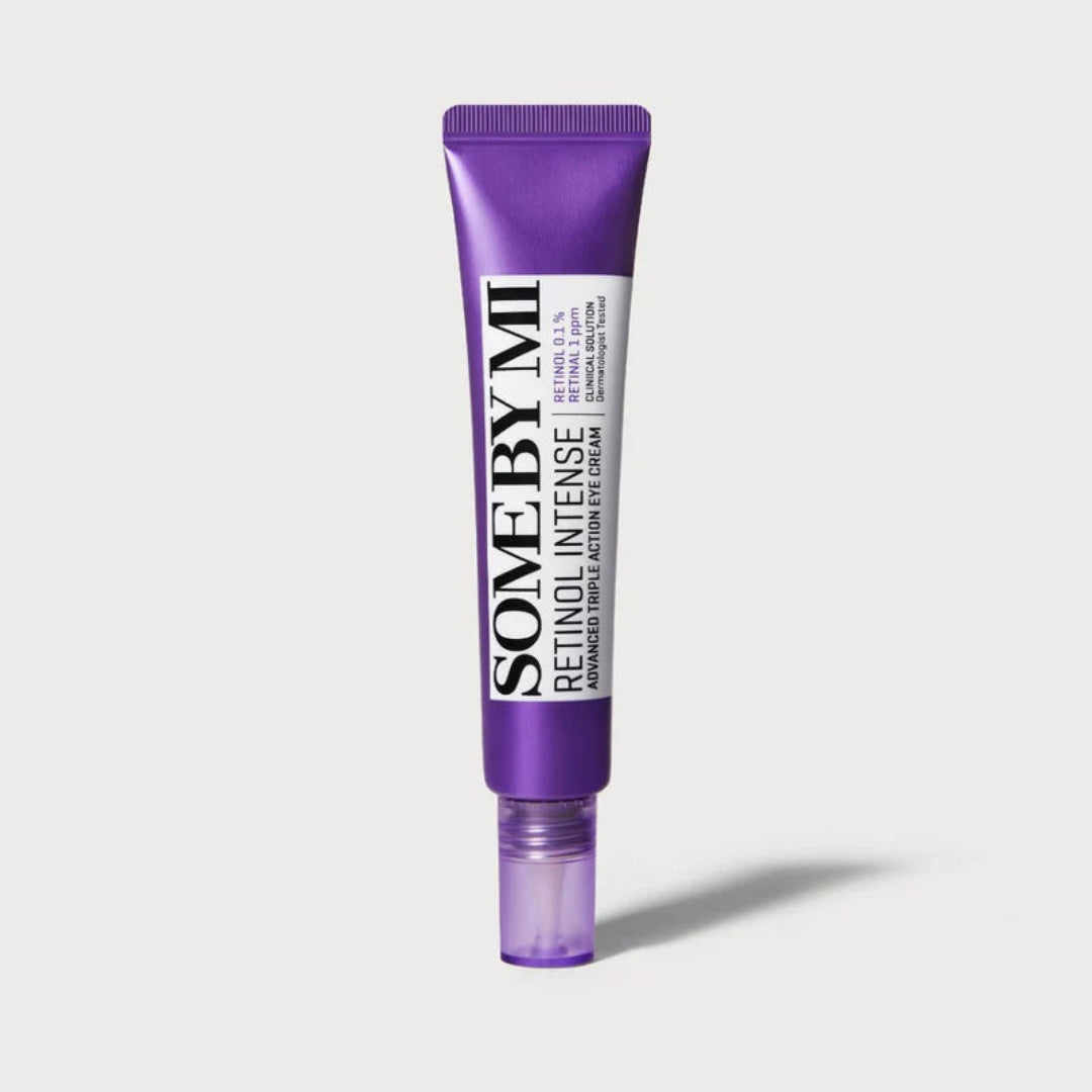 Purple skincare tube with 'Some by Mi' branding on a light gray background