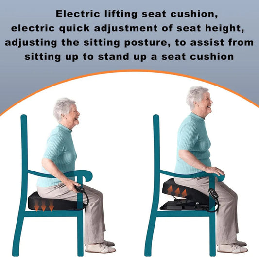 Electric lifting seat cushion being used by an elderly person to assist with sitting up and standing up.