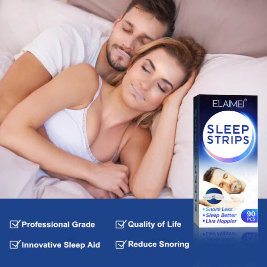 Couple lying in bed with a box of Elaimei Sleep Strips on a blue background