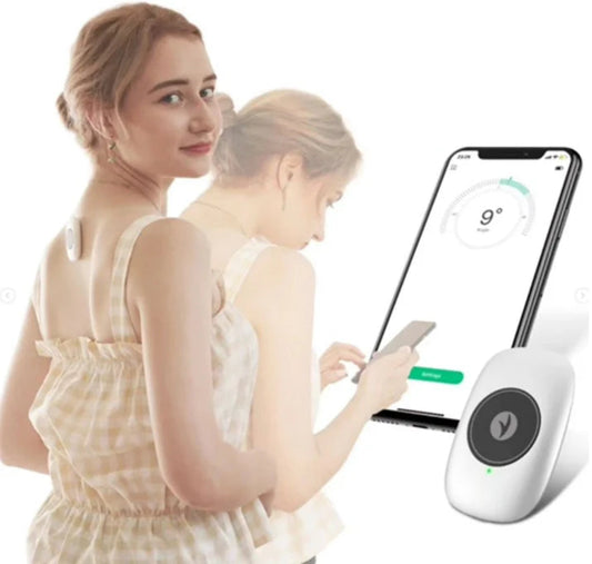 Woman using a smartphone app with a device displaying temperature on a white background