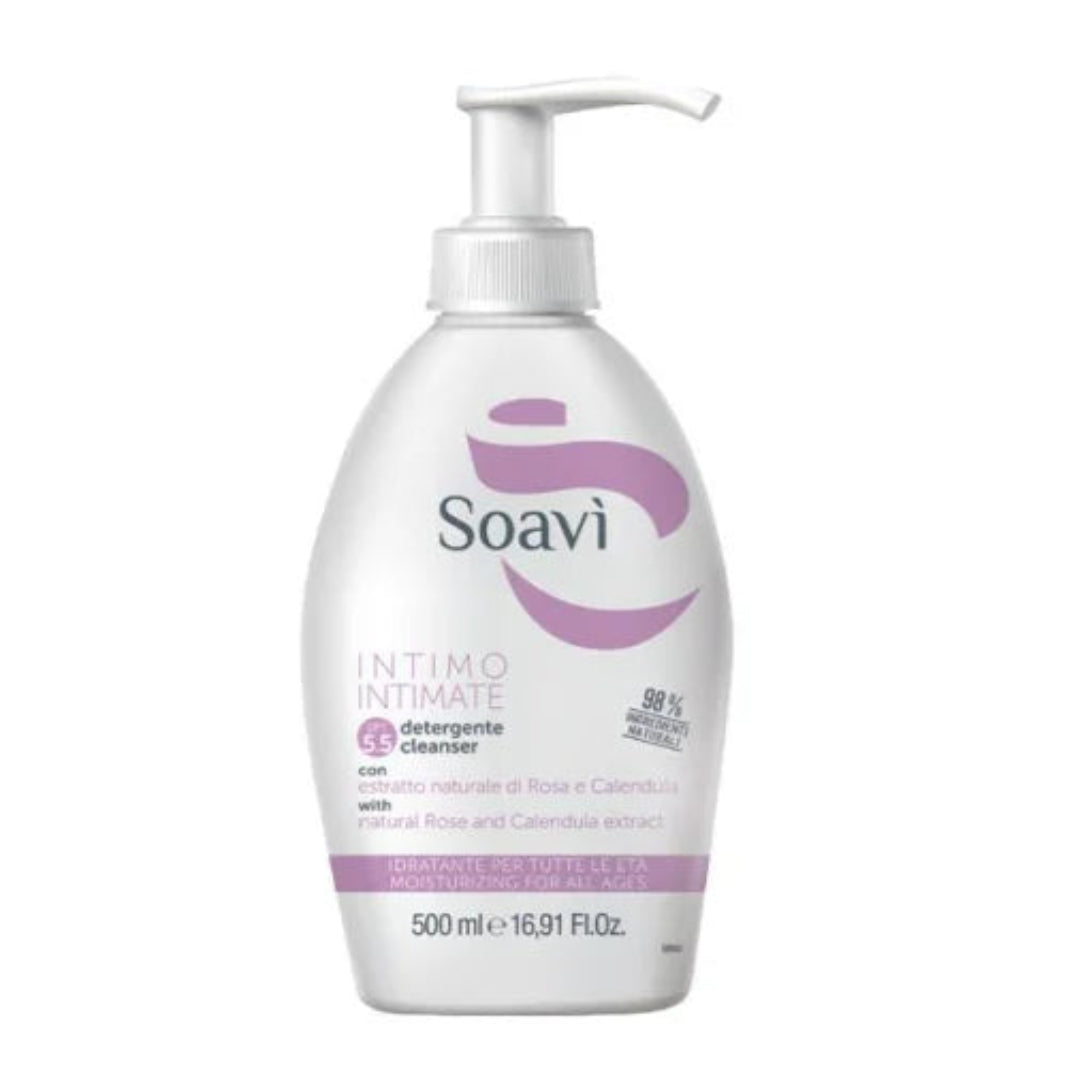 Soavi intimate cleanser bottle on a white background