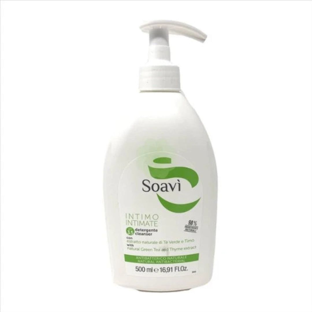 White bottle with green label featuring the brand 'Soavi' on a white background