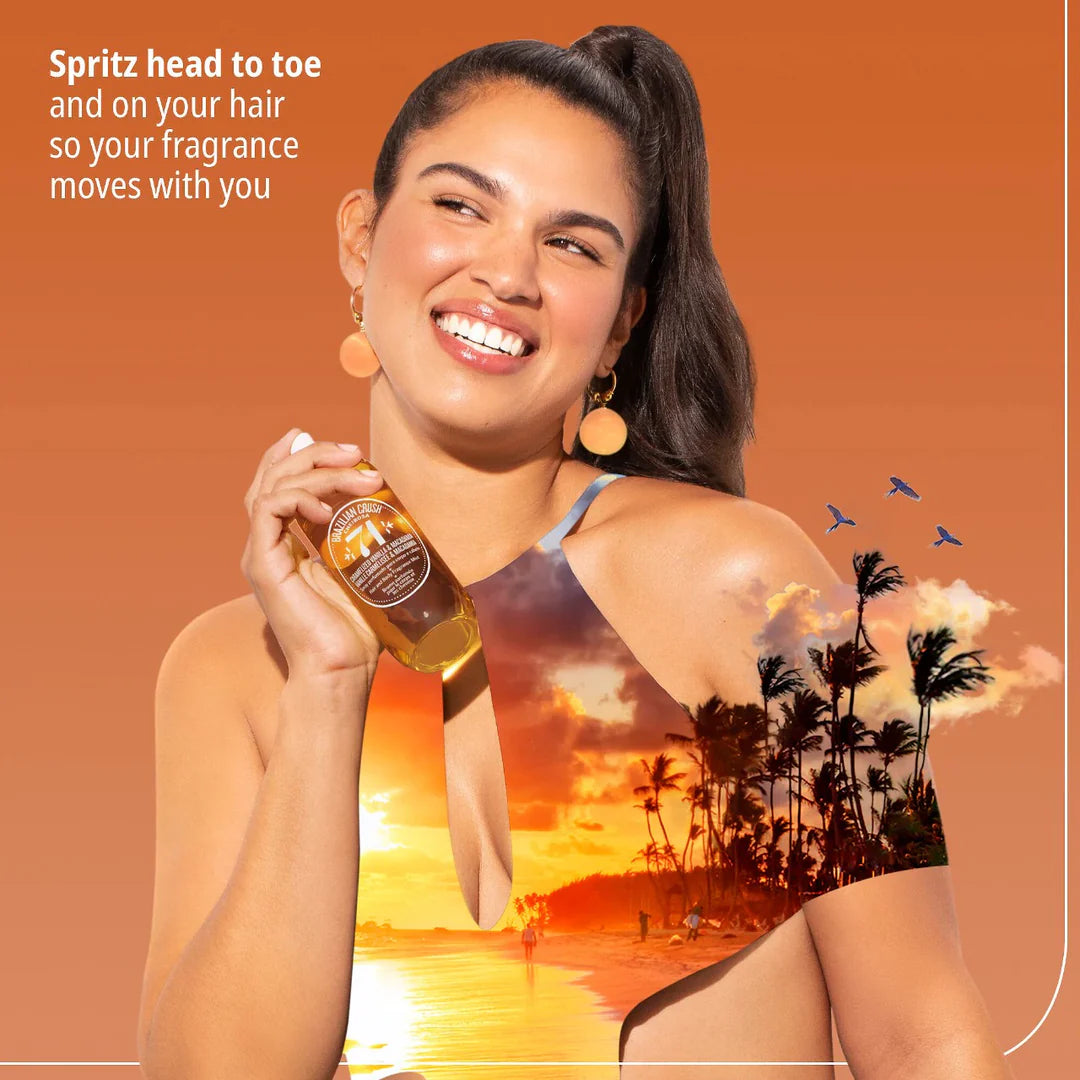 Woman holding a bottle of perfume with a scenic background of palm trees and sunset.