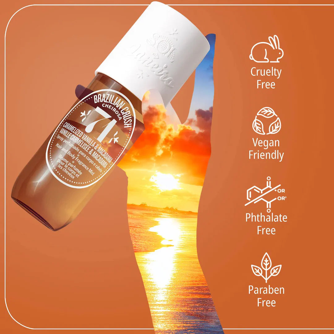 Bottle of Brazilian Lime Crush hair product with sunset background and certification icons on an orange background