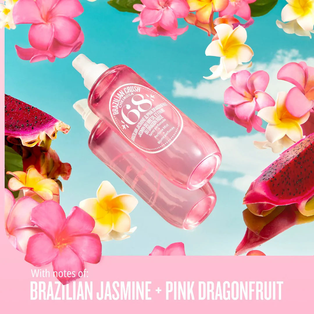 Pink bottle with brand logo surrounded by tropical flowers and dragonfruit on a blue background