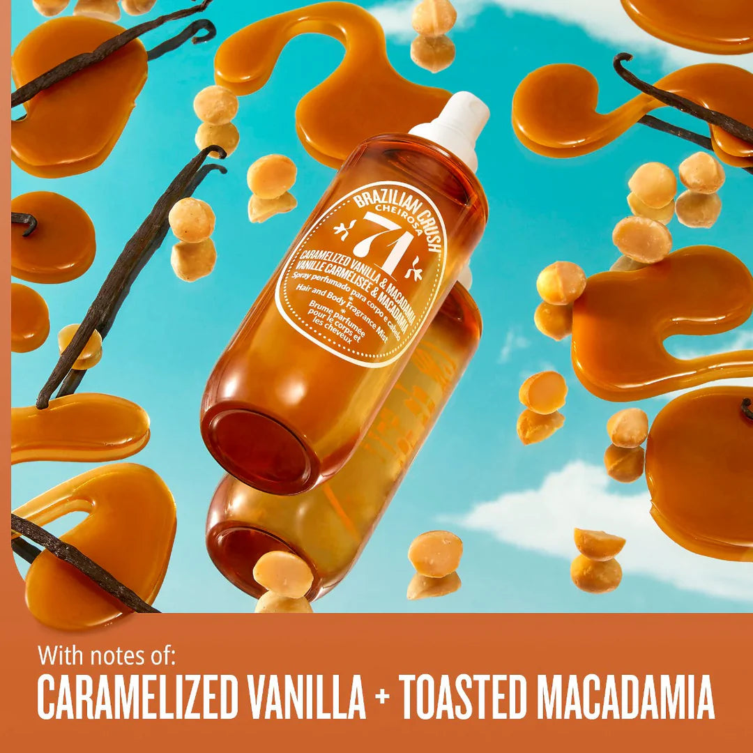 Bottle of Brazilian Gold 71 with caramelized vanilla and toasted macadamia notes on a blue and orange gradient background.