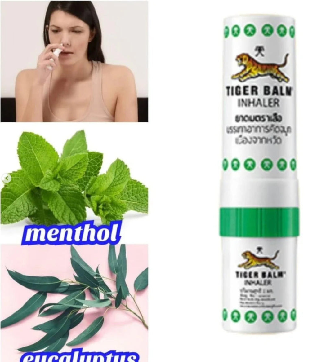 Tiger Balm Inhaler with images of a woman using it, menthol leaves, and eucalyptus leaves on a white background.