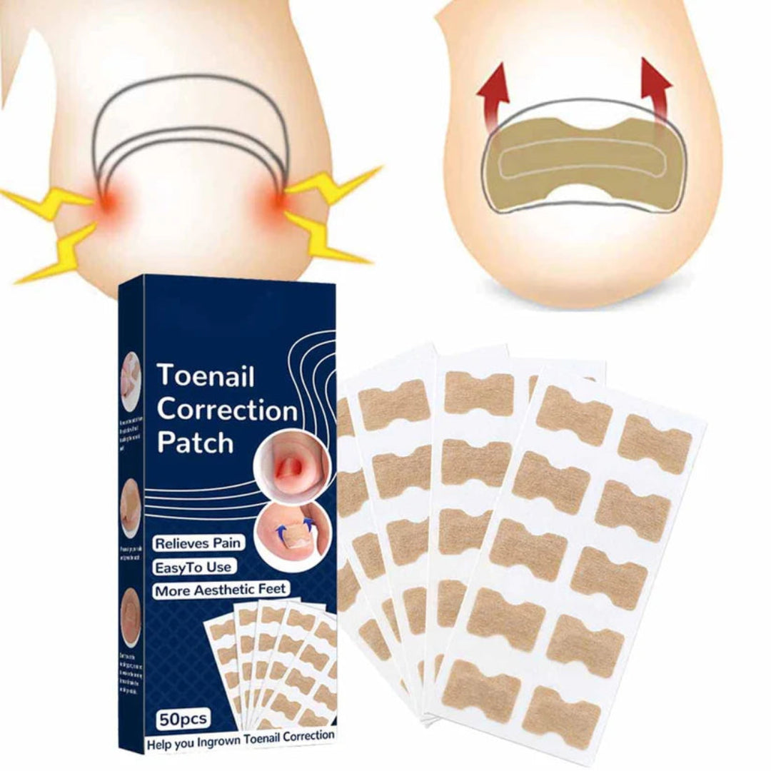 Toenail correction patch packaging with illustrations of toes and a box labeled 'Toenail Correction Patch'.