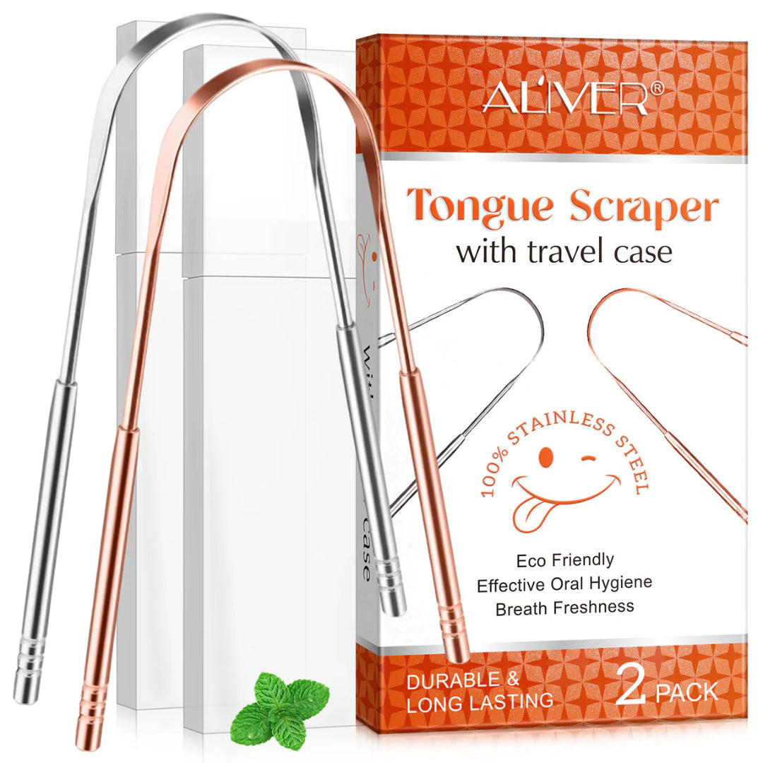 Tongue scraper with travel case packaging featuring 'Aliver' brand.
