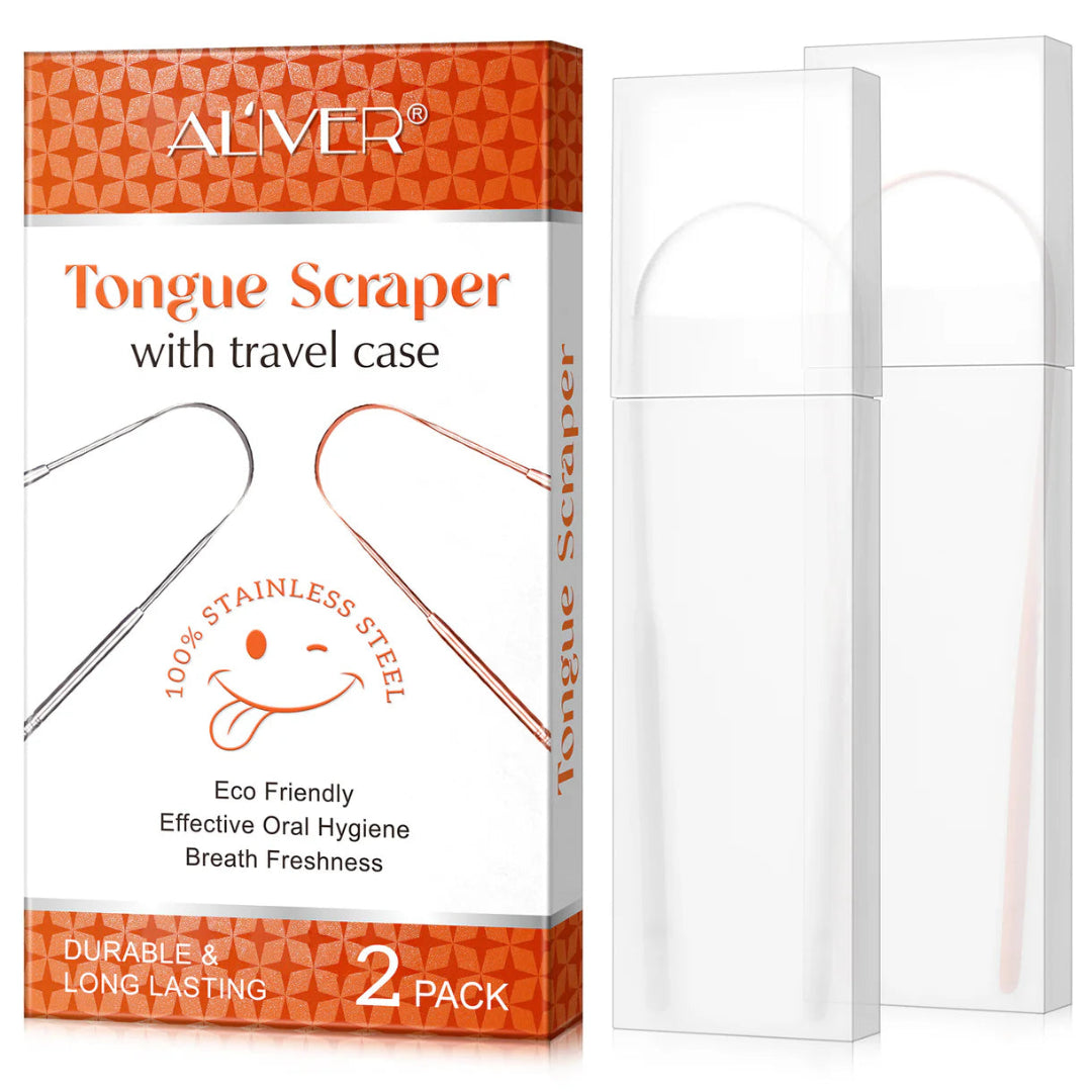 Aliver tongue scraper packaging with travel case on a white background