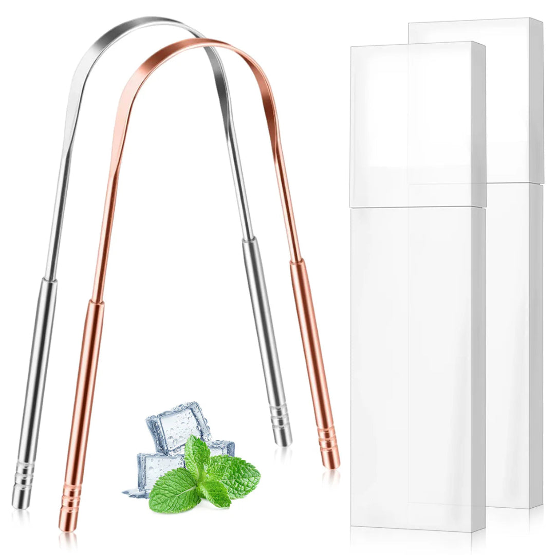 Two metallic straws with a white box on a white background