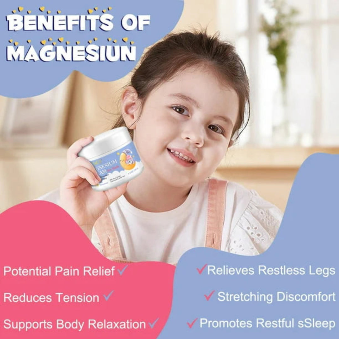 Child holding a supplement container with text about magnesium benefits